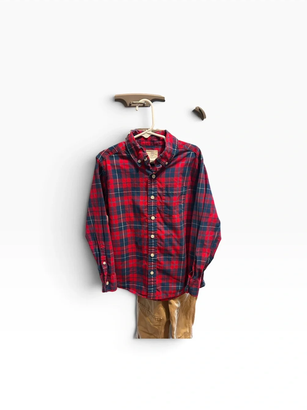 Carhartt Kids Brown Duck Canvas Overalls & Land End Plaid Button Up Red/Blue